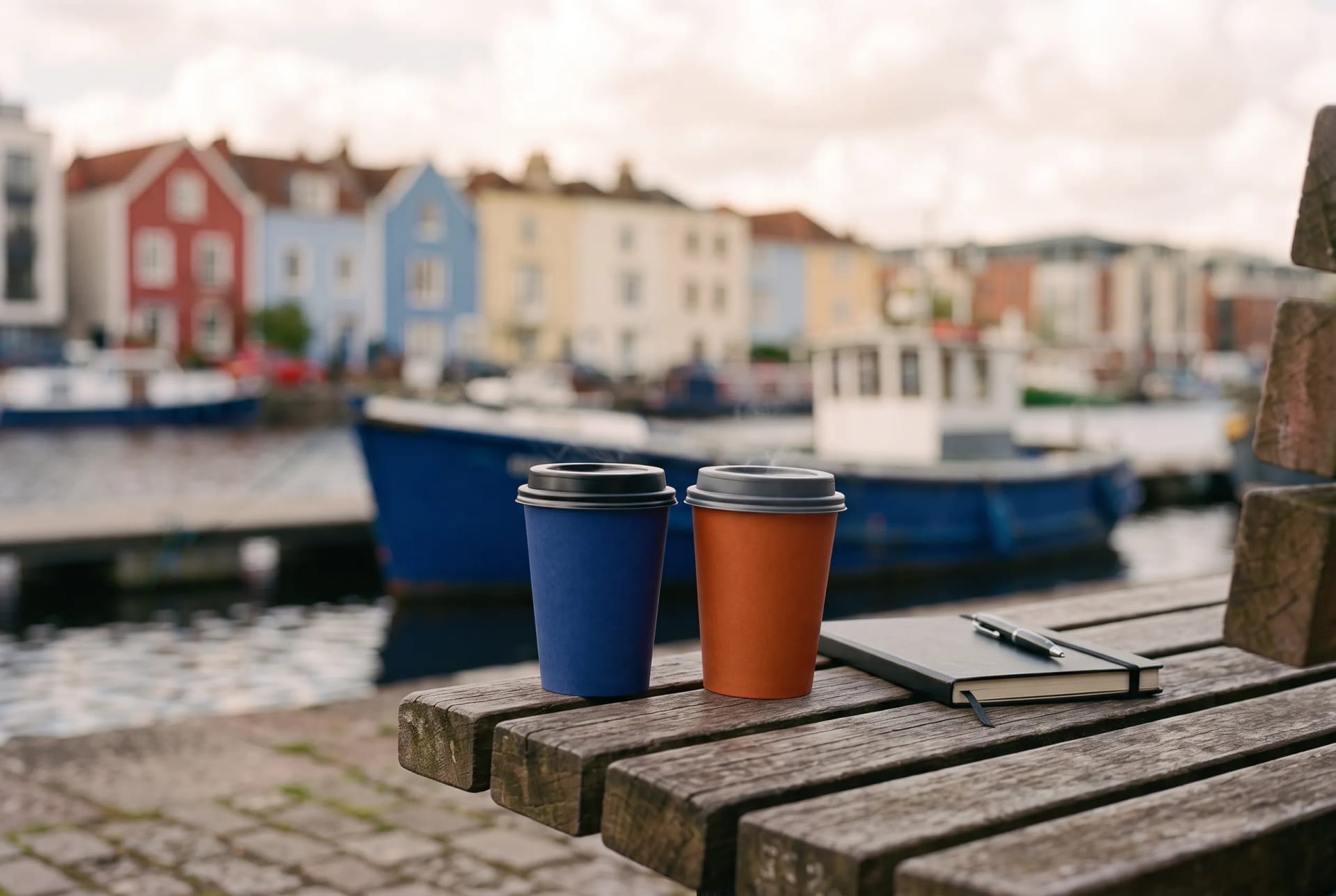 Two takeaway coffees and a closed notebook on a harbourside bench in Bristol