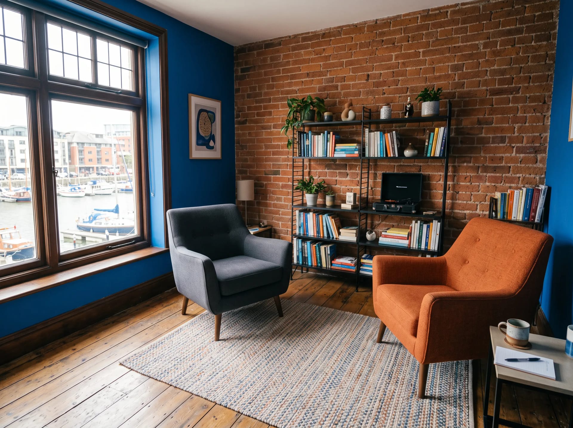 The Straight Up Therapy practice room in Bristol, wide view of the cobalt colour-blocked wall and two facing chairs